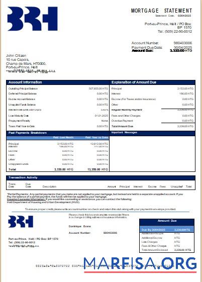 Printable Haiti BRH bank mortgage statement scr sample